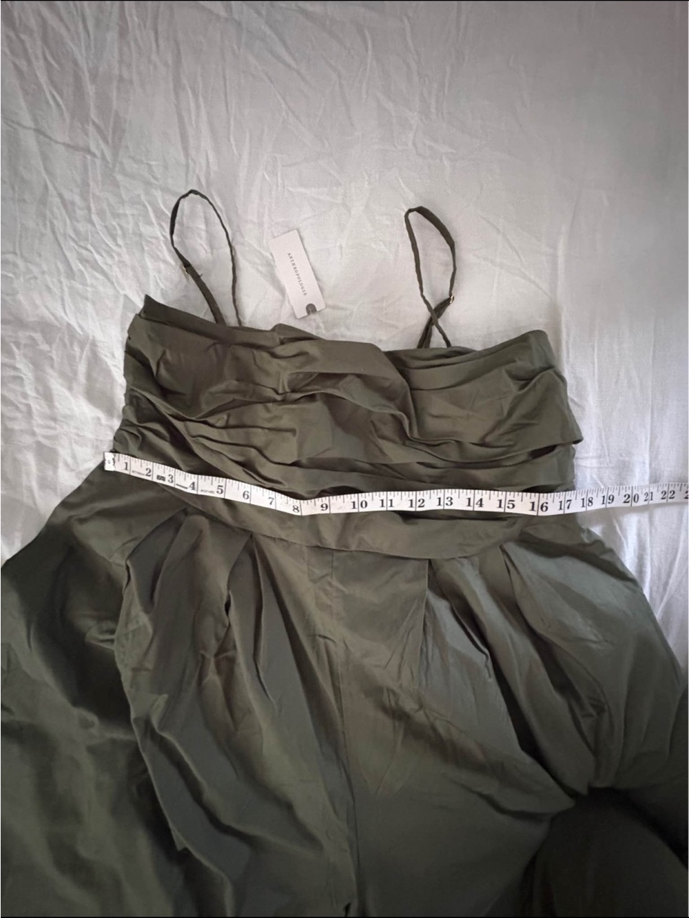 Anthropologie Hutch Olive Green Wide-Leg Jumpsuit with Ruched Bodice XL - Picture 5 of 8